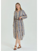 Patterned Shirt Collar Belt Detailed Beige Long Sleeve Plus Size Dress 4611